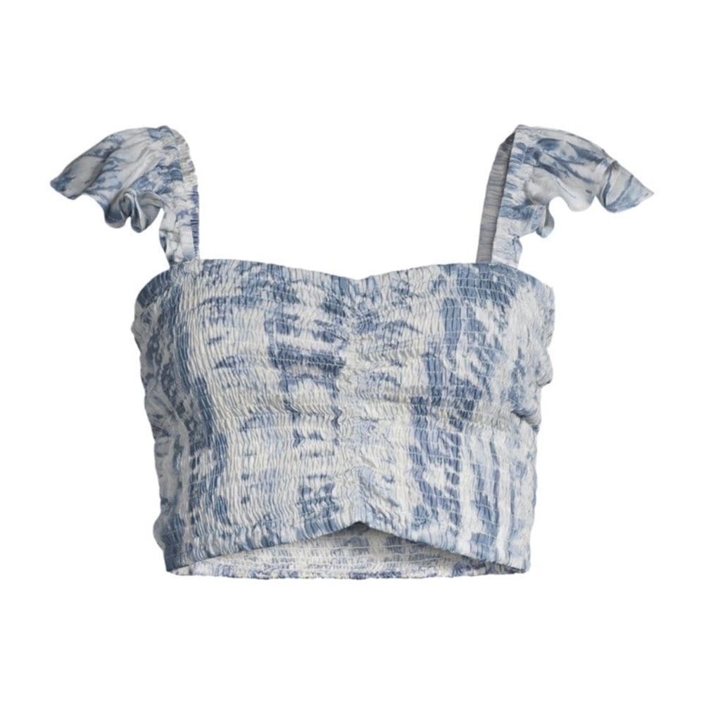 LA MODA CLOTHING Shirred Tie-Dye Cover-Up Crop Swim Top,‎ Blue/White, L/XL, NWT